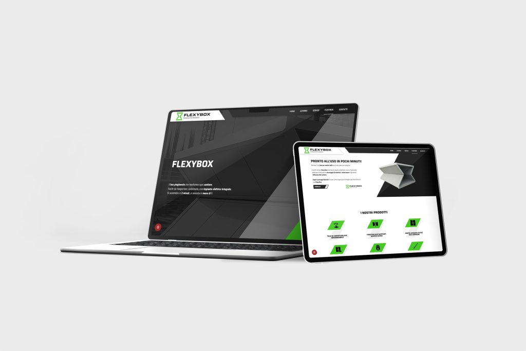 Dettaglio della pagina dedicata a Flexy Box con design immersivo e rottura cromatica rispetto alle pagine istituzionali.