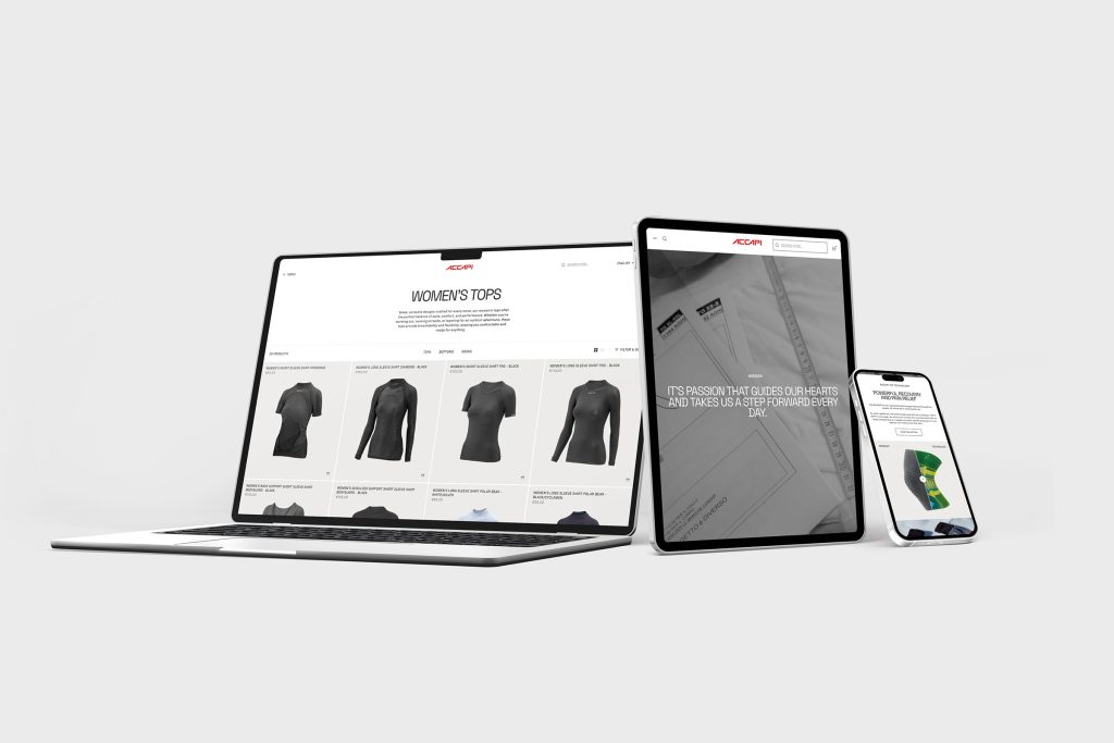 Anteprima del nuovo sito e-commerce trilingue di Accapi ottimizzato per desktop e mobile.