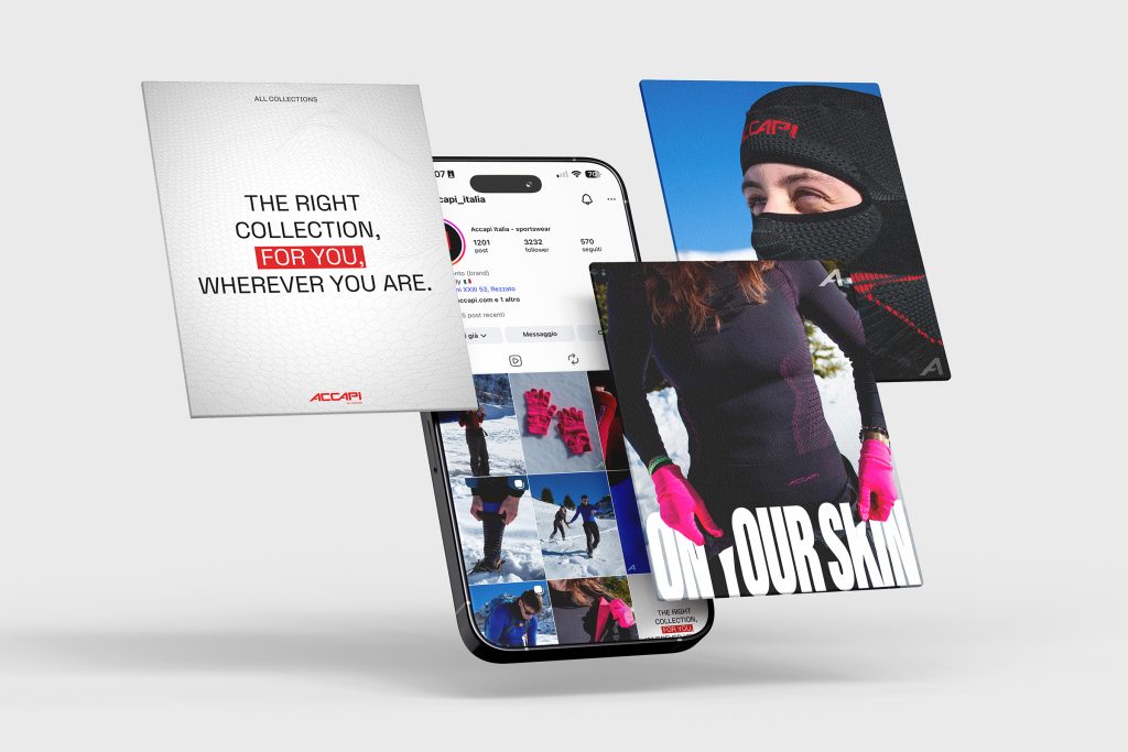 Mockup dei canali social Accapi con contenuti fotografici d'autore e grafiche bilingue.
